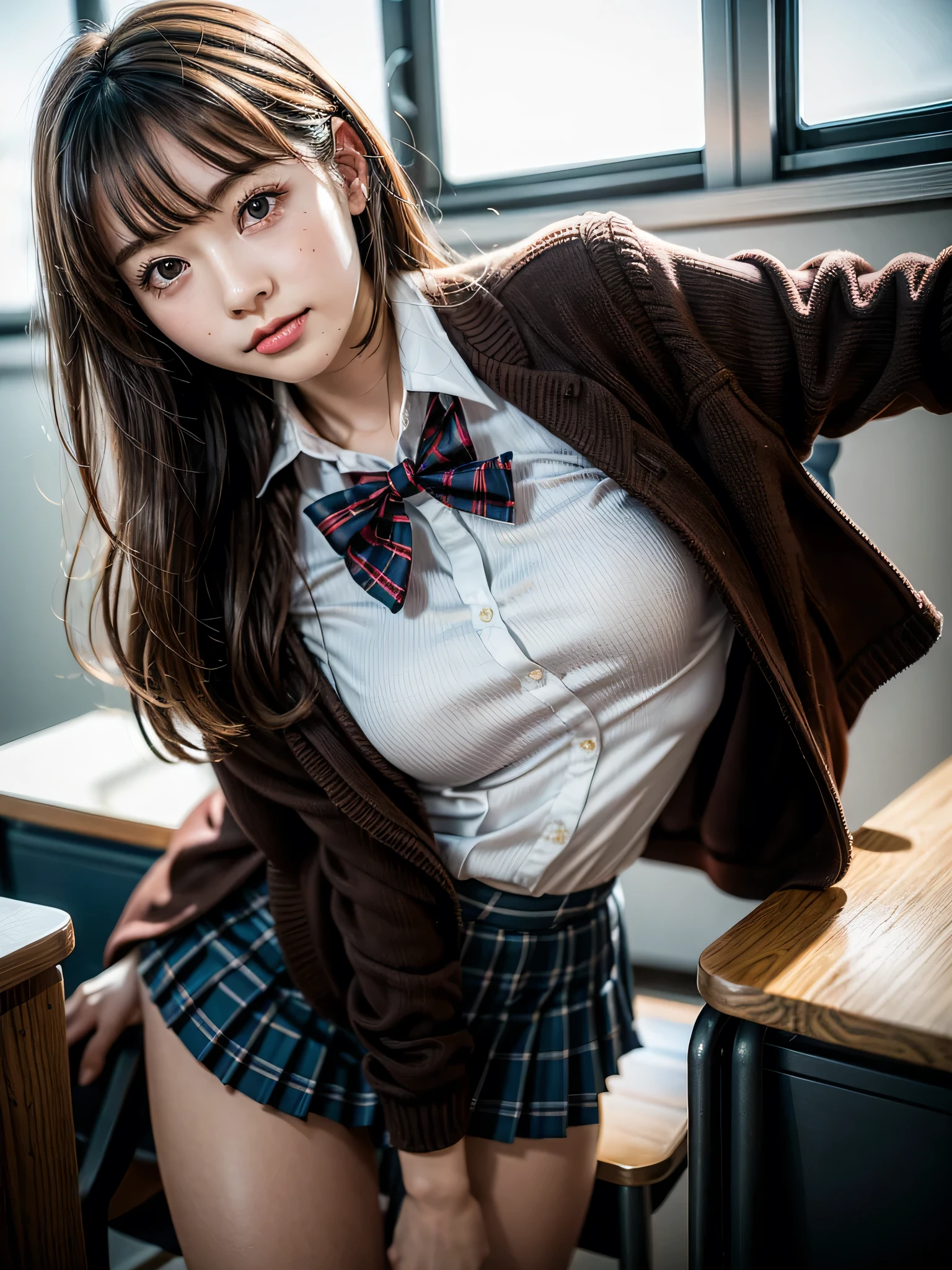 ((solo)), ((1 girl)), Panties Small、classroom、((Embarrassing))、1girl, brown hair, long hair, bangs, brown eyes, medium breasts, red bowtie, school uniform, black jacket, open jacket, brown cardigan, white shirt, black skirt, plaid skirt, high school girl, blush, White underwear is visible, droopy eyes, shiny skin, glamorous, voluptuous, beautiful breasts, beautiful ass, cute face, Japanese idol, real person, front view, dynamic angle, slightly smile 