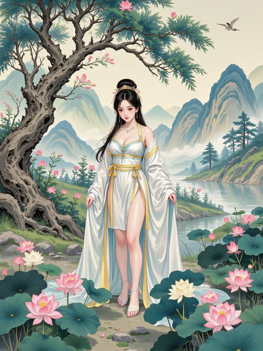  Chinese style， furry fluid ， minimalism ， Clean picture ， mountains depicted in a streamlined manner、 plants and Chinese architecture ,Smart curves ,Little People , extremely perfect composition ,White Space, new brush painting , plush material ，Felt style, Movie Posters , fluid plush painting ,8k ， white main color ， surrealism 