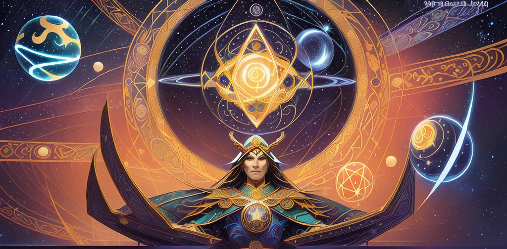 Someone is holding a glowing orb ， with many different planets in the background , 圣火 magic , Artistic depiction,  profile picture,  mysticism and new-age symbolism,  wins the battle  , Alex Grey 和 Romero Ressendi,  magic , Holy Fire Spell, geometry and astrological, astrological, 复杂的威卡光谱,  Tarot Art , The Shaman Who Supports the Universe