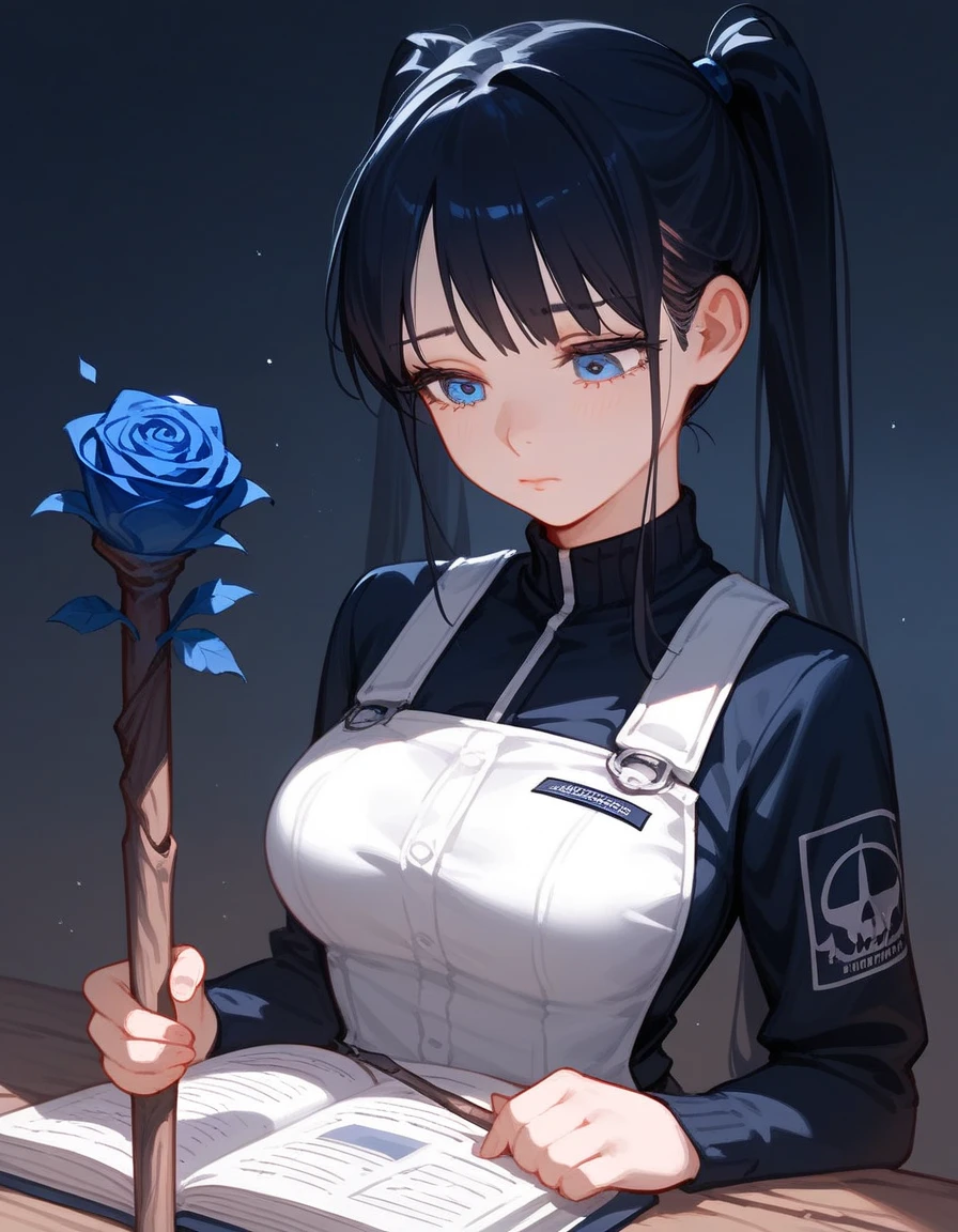  Sister  ,Black hair,Long hair,Exhaustion ,  in dark blue eyes, teen,Gothic,high, ,Anime,  Medium Breasts ,gloomy,Darkness ,Double ponytail, low bundle ,milf,cute, ,cute,Black staff ,Wood root worker ,Blue Rose