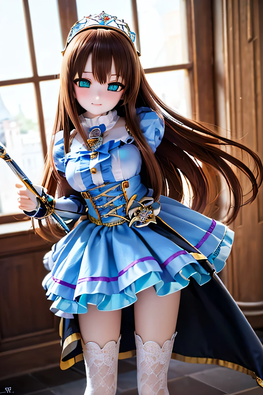 (SFW:2), photorealistic, realistic photo, 8k, Canon EOS, ((highest quality)), ((masterpiece)), (extremely detailed), dd, doll, idol dress, (mature woman, 19yo, 19 years old, solo, castle:1.6), (from front, holding a rapier, tiara, brown hair, long hair, idol dress, thigh highs, empty eyes, blank stares, green eyes, glass eyes, shining eyes, looking at viewer, detailed face:1.3)