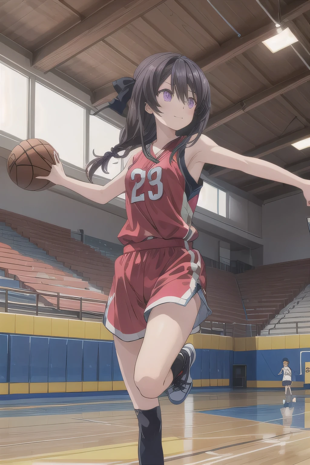 A young female basketball player performing a vivid jump shot. She holds the ball firmly in both hands, aiming for the goal with perfect form. Her slim basketball uniform accentuates her toned body, and black high socks add a stylish contrast. Her carefully braided black hair sways gently as she jumps, with purple eyes expressing intense concentration. The polished wooden floor of the brightly lit gymnasium enhances the atmosphere, capturing the strength, elegance, and beauty of the sport.  masterpiece. long hair, hair ribbon, hair between eyes,　smile.