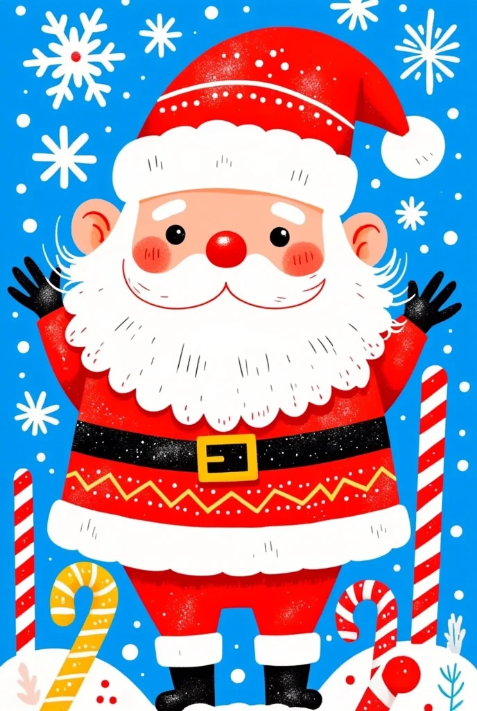 childish illustration art style。Santa Claus，snowflake。Candy canes 。