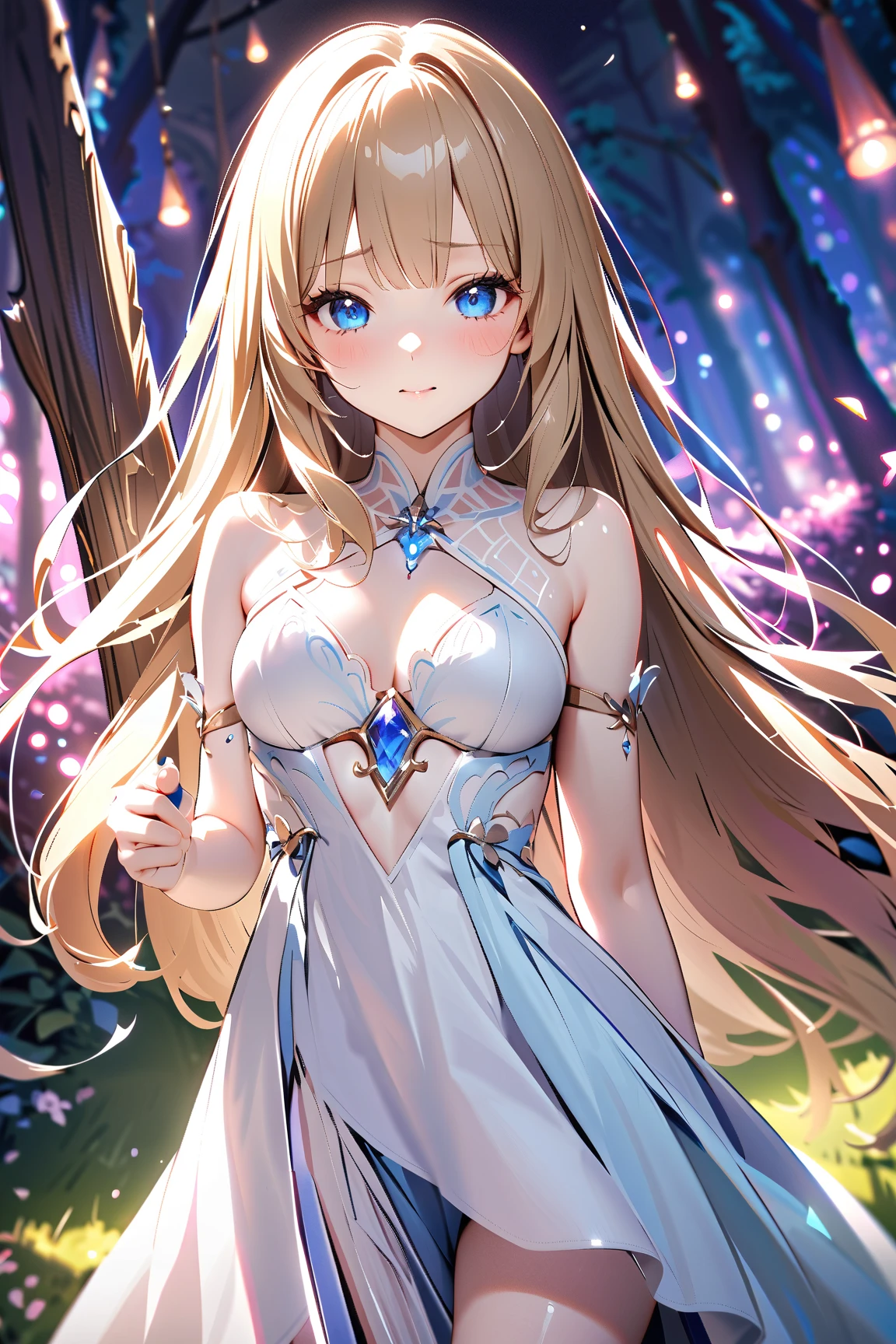 1 girl, (cute face), , long hair, (nervous expression), (blush), medium breasts, slim, (wearing a flowing fantasy dress with intricate patterns), knee length, (porcelain skin), 
BREAK 
Enchanted forest, glowing trees, magical creatures, (holding a sword:1.2), (looking around cautiously:1.2), outdoors 
BREAK 
(mystical lighting, soft glows, dramatic shadows), dreamy atmosphere, close-up shot, character focus, 
BREAK 
high fantasy, game cg, absurdres, highres, ultra detailed, beautiful, (masterpiece), (best quality:1.2),