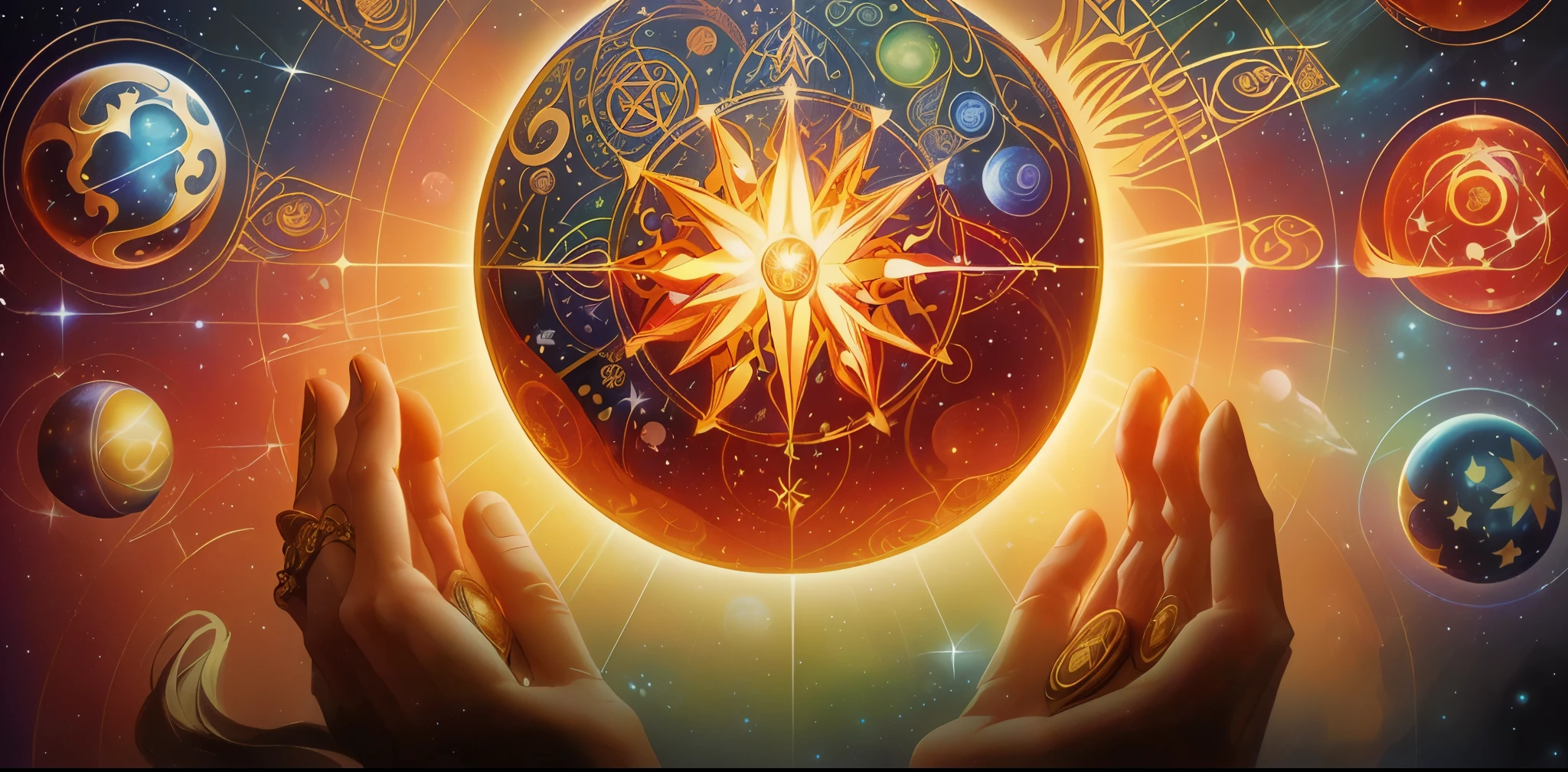 Someone is holding a glowing orb ， with many different planets in the background , 圣火 magic , Artistic depiction,  profile picture,  mysticism and new-age symbolism,  wins the battle  , Alex Grey 和 Romero Ressendi,  magic , Holy Fire Spell, geometry and astrological, astrological, 复杂的威卡光谱,  Tarot Art , The Shaman Who Supports the Universe