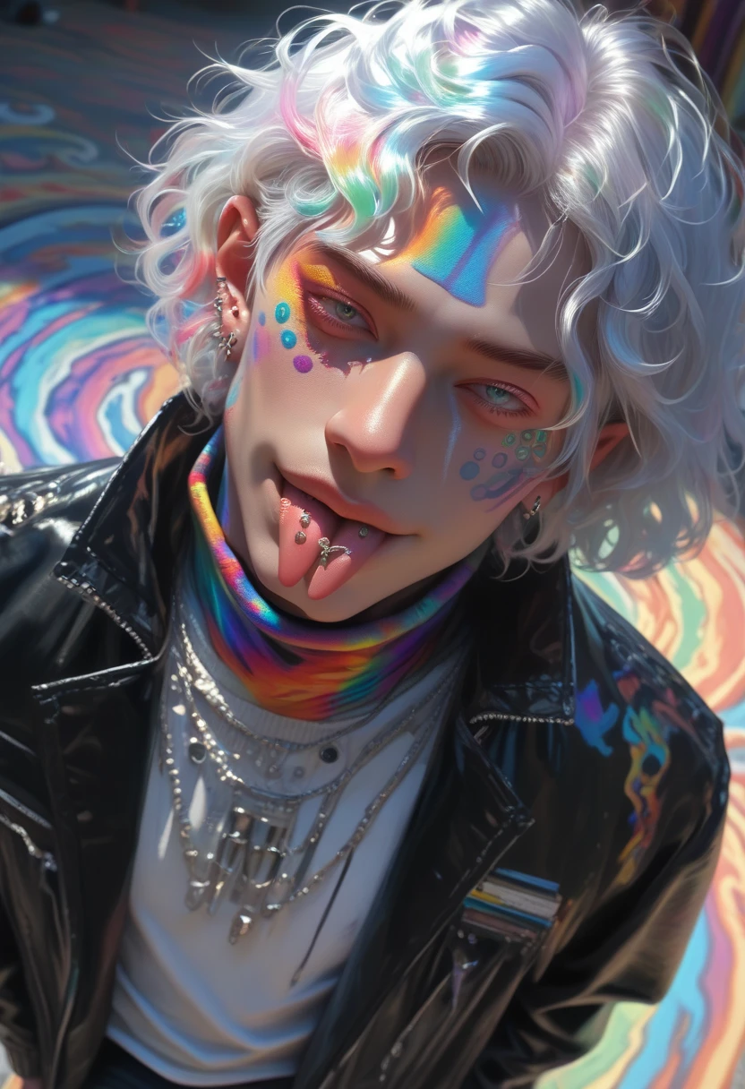  score_9,  score_8_above,  score_7_above, a hyper-realistic and ultra-detailed photo of a beautiful man, ultra-realistic, small forked tongue, tongue piercing, aboveper body,  looking at the spectator,  seductive smile, 1 ,  Gojo Satoru,  white hair, black sale,  black jacket , high neck,  long sleeves, perfecteyes, th3rm4l, colorful, male haircut,