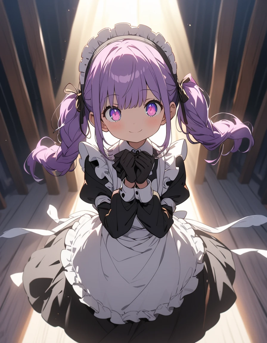 Long purple hair ,  wearing maid clothes, fullbody, round glasses, Front Light ,Cute 2D, Front lighting 、( for a woman with bristles、masterpiece、 high definition 、 Details)、animeスタイル、 flat style 、(Shining Eyes、 Details美しい顔),  1 girl、extremely  Details、(The Shining),  vest lighting,  best shadows、High saturation, anime,  Twin Tails ,  purple hair, pantyhose, violet hair, black gloves, violet eyes, gloves, long sleeves, maid headdress, smile, Round eyes ,  high brightness, perfect hand, Bright face, noon