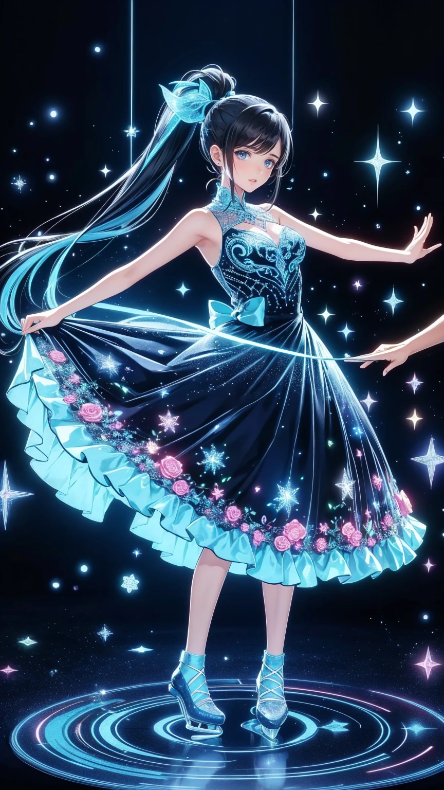  head to toe depiction、 full body view、masterpiece, 最 High Quality , 超 Details,、  ice skating rink  ,Ice Dance/DANCING ON ICE 、 8K Anime Art  ,Very beautiful girl  , one woman,  ponytail, ,( 1 Woman ),Dancing on ice ,("  figure skater"),Beautiful dress,(Ice dancing ),( dynamic:1.3),( dynamic dance),(  beautiful eyes ),(  hair fluttering in the wind :1.0),(Beautiful dress:1.5),(((  light up))),(smile:1.3)、,  Detailsな手の形,  Detailsな指の数,  Details,  High Quality 
