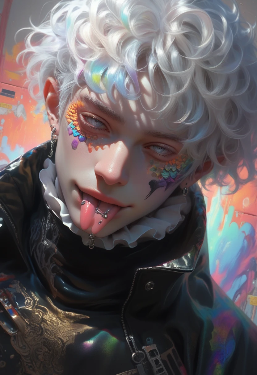  score_9,  score_8_above,  score_7_above, a hyper-realistic and ultra-detailed photo of a beautiful man, ultra-realistic, small forked tongue, tongue piercing, aboveper body,  looking at the spectator,  seductive smile, 1 ,  Gojo Satoru,  white hair, black sale,  black jacket , high neck,  long sleeves, perfect eyes, gray eyes,  th3rm4l, colorful, male haircut,