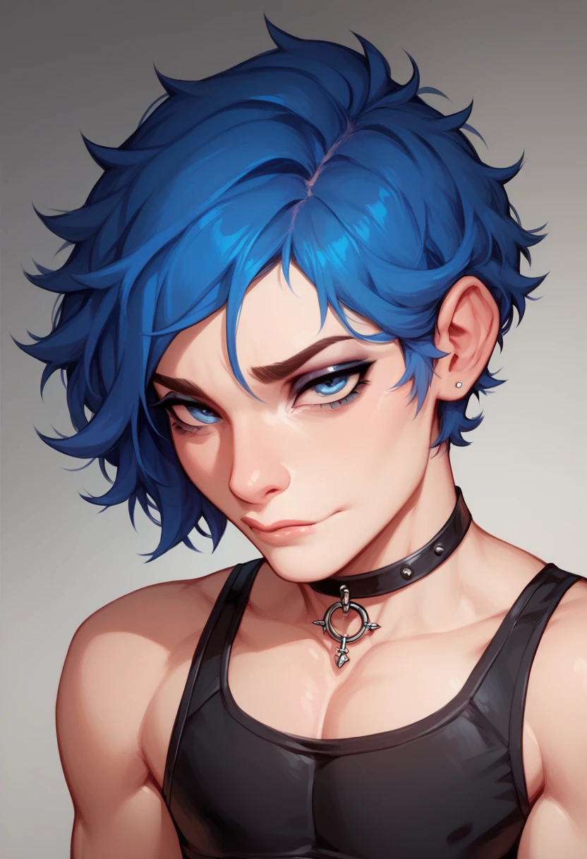 Handsome  17 old boy
Effeminate
Blue eyes
Short, messy blue hair with black gradient , wearing gothic feminine clothing ,Slim and delicate body, Looking at the viewer,Sad, submissive look, femboy, femboy, Light smile  
