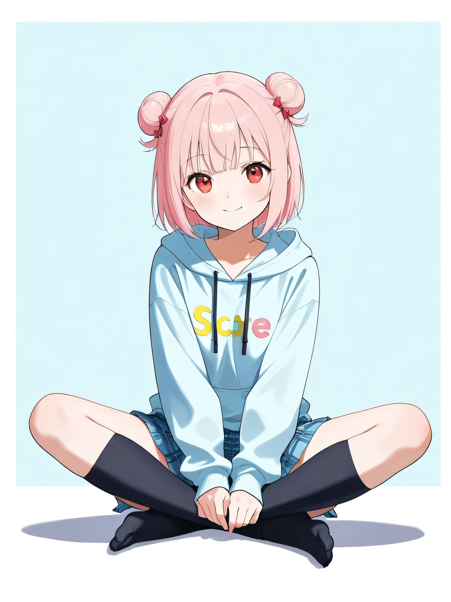 masterpiece, best quality, detailed、There is one person、Light pink hair 、Bun hair left and right is small、 half twin、 short Hair、 princess cut、 red eyes、Mocomo Hoodie 、 Plaid Mini Skirt 、Full body drawing、Sitting cross-legged、Looking this way and smiling