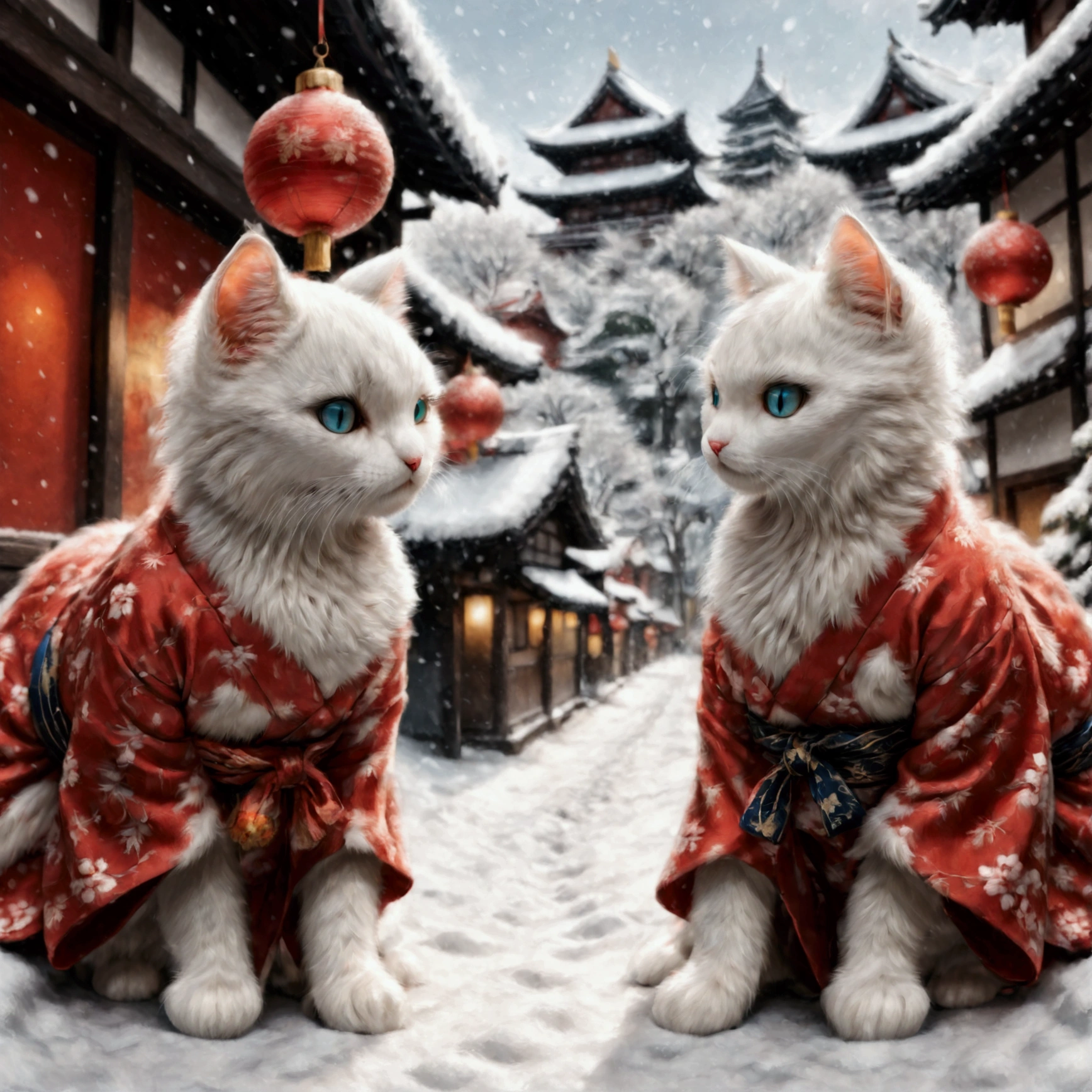  high definition , masterpiece, accurate,  top quality, correct fingers, correct anatomy, 1cat, silver cat, preparing for New Year, wearing dark colored japanese kimono costume, ready for New Year, getting rid of X’mas tree, snowing town, 