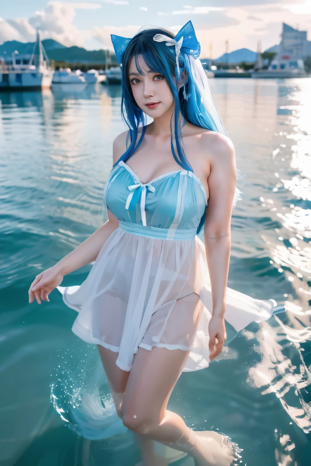 (8K, Original photography, Top image quality, masterpiece: 1.4), hyper HD, (Realistic, 真实感: 1.48), realisticlying, A high resolution, softlighting. Tiny Girls, girl jumping into the water、Falling、splash water、shout、Luminous water surface、White and Vivid colors, back lighting, glistening ivory skin, sparkling highlights, Detailed KAWAII face with cute lips, long eyelashes, Delicate clothes, Detailed open crotch
