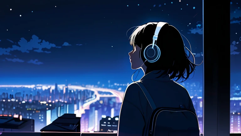 Back view of a lo-fi girl looking up at the stars、 wearing headphones 、 high detail、Night view of the city in the distance 