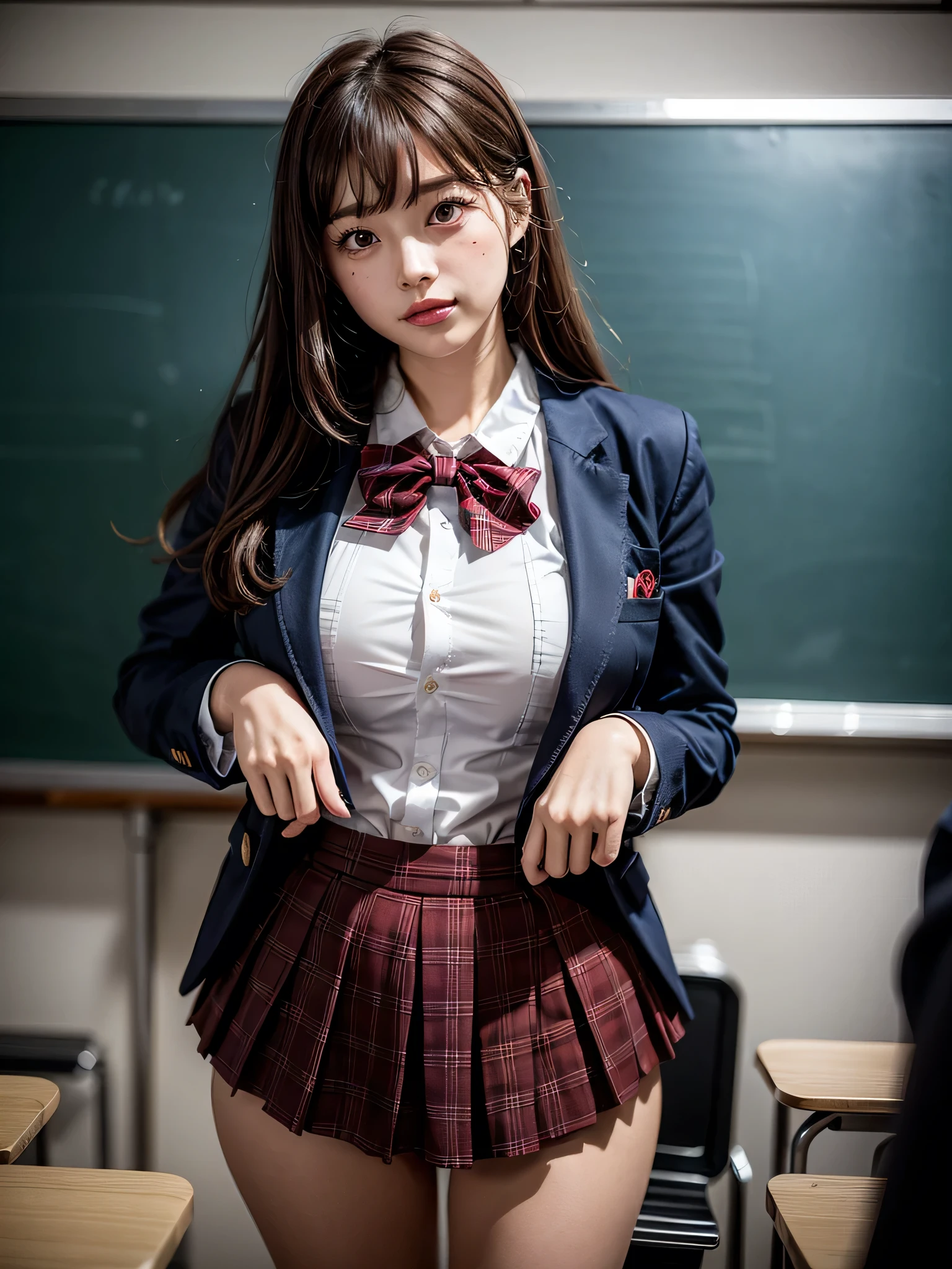 ((solo)), ((1 girl)), Panties Small、classroom、((Embarrassing))、1girl, brown hair, long hair, bangs, brown eyes, medium breasts, red bowtie, school uniform, black jacket, open jacket, brown cardigan, white shirt, black skirt, plaid skirt, high school girl, blush, White underwear is visible, droopy eyes, shiny skin, glamorous, voluptuous, beautiful breasts, beautiful ass, cute face, Japanese idol, real person, front view, dynamic angle, slightly smile, hands behind back, bent over,
