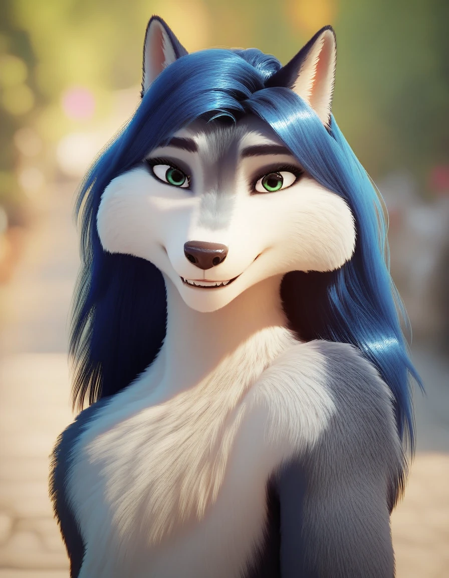 white fur, green eyes, chromatic aberration, blurry, two-tone fur,
outdoors, blurry background, body fur, wolf ears, day,  furry, black
eyes, looking at viewer, shiny, smile,  looking at viewer, full body