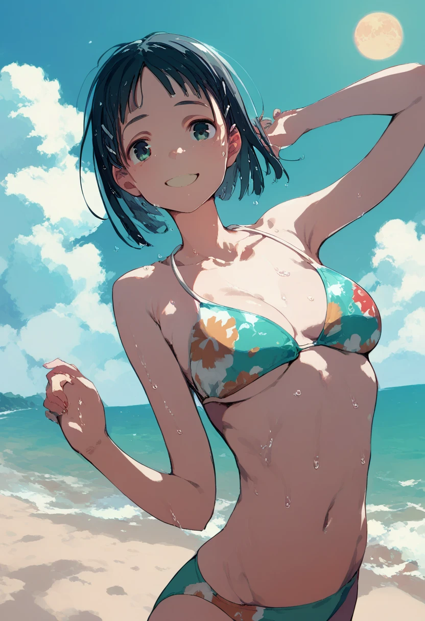 suguha，Immediately,sea，  swimsuit，  Wet and Shiny Skin ，smile， moon， Cloud Print Bikini  ， sandy beach