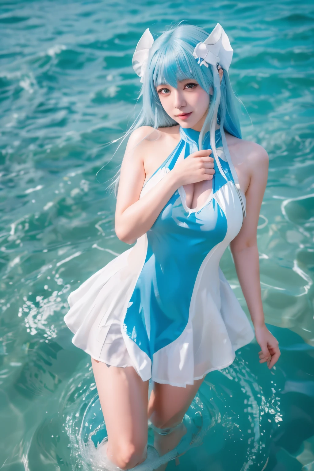(Stand with your feet apart)、 Amazingly cute anime girls,8K quality、 Highest quality、ウルトラ - High resolution、High resolution、Detailed CG、8K Unit Wallpaper、Professional Lighting、s old、Beautiful and detailed、(((Super shiny white and light blue swimsuit ,)))、Beautiful sea、Sexy standing pose、Safe Work, Small breasts, Mischievous Smile