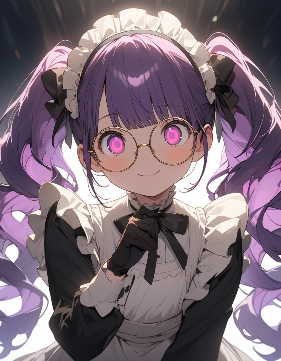 Long purple hair ,  wearing maid clothes, fullbody, round glasses, Front Light ,Cute 2D, Front lighting 、( for a woman with bristles、masterpiece、 high definition 、 Details)、animeスタイル、 flat style 、(Shining Eyes、 Details美しい顔),  1 girl、extremely  Details、(The Shining),  vest lighting,  best shadows、High saturation, anime,  Twin Tails ,  purple hair, pantyhose, violet hair, black gloves, violet eyes, gloves, long sleeves, maid headdress, smile, Round eyes ,  high brightness, perfect hand, Bright face, noon