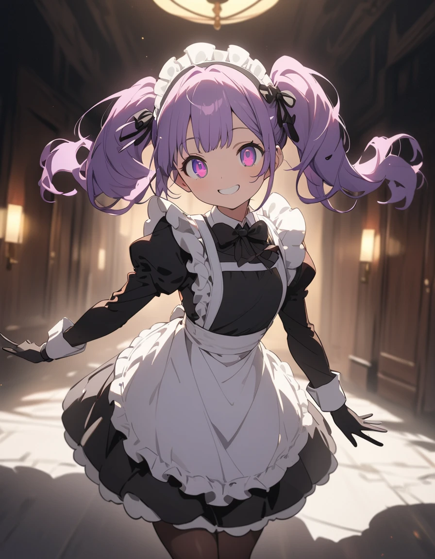 Long purple hair ,  wearing maid clothes, fullbody, round glasses, Front Light ,Cute 2D, Front lighting 、( for a woman with bristles、masterpiece、 high definition 、 Details)、animeスタイル、 flat style 、(Shining Eyes、 Details美しい顔),  1 girl、extremely  Details、(The Shining),  vest lighting,  best shadows、High saturation, anime,  Twin Tails ,  purple hair, pantyhose, violet hair, black gloves, violet eyes, gloves, long sleeves, maid headdress, smile, Round eyes ,  high brightness, perfect hand, Bright face, noon