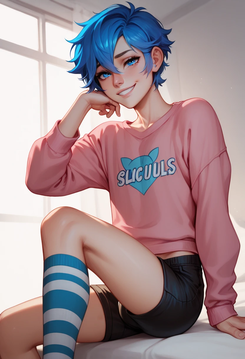 Handsome   boy
Effeminate
Blue eyes
Short, messy blue hair with a black gradient, wearing a somewhat oversized pink sweatshirt, black shorts, Blue and white striped thigh high socks, Slim and delicate body, looking at the viewer, sad and submissive look, femboy, femboy, slight smile  
