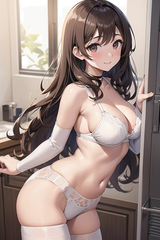 Girl, sad, standing, pale skin, brown eyes, eyebrow, nose, ear, mouth, lips, neck, shoulders, arms, Women's Sweater Microfiber and Lace Sheer Cross Strap, underneath white bra, underneath white panties, thick legs , thick thighs, background scenery, in the kitchen, window, refrigerator, sink, table, floor, chairs, stove, looking at viewer