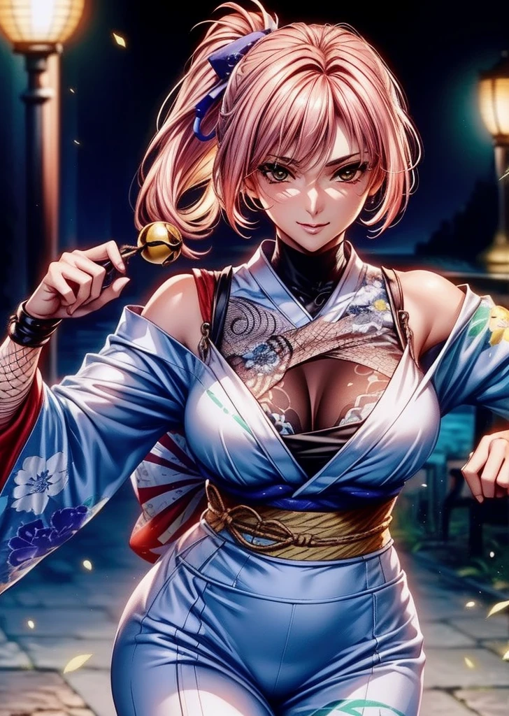 Moonlit Night、Holding a dagger in his right hand、Pink shiny dress、The kimono is dotted with floral patterns.、Only the obi is red、Shiny latex-like fabric、The dagger in his right hand shines pale blue in the moonlight.、The best smile、The background is the night sky、Countless stars twinkle in the night sky、Creepy Smile、The kimono has a lustrous floral pattern、Realistic、No jewelry around the neck、手No jewelry around the neck