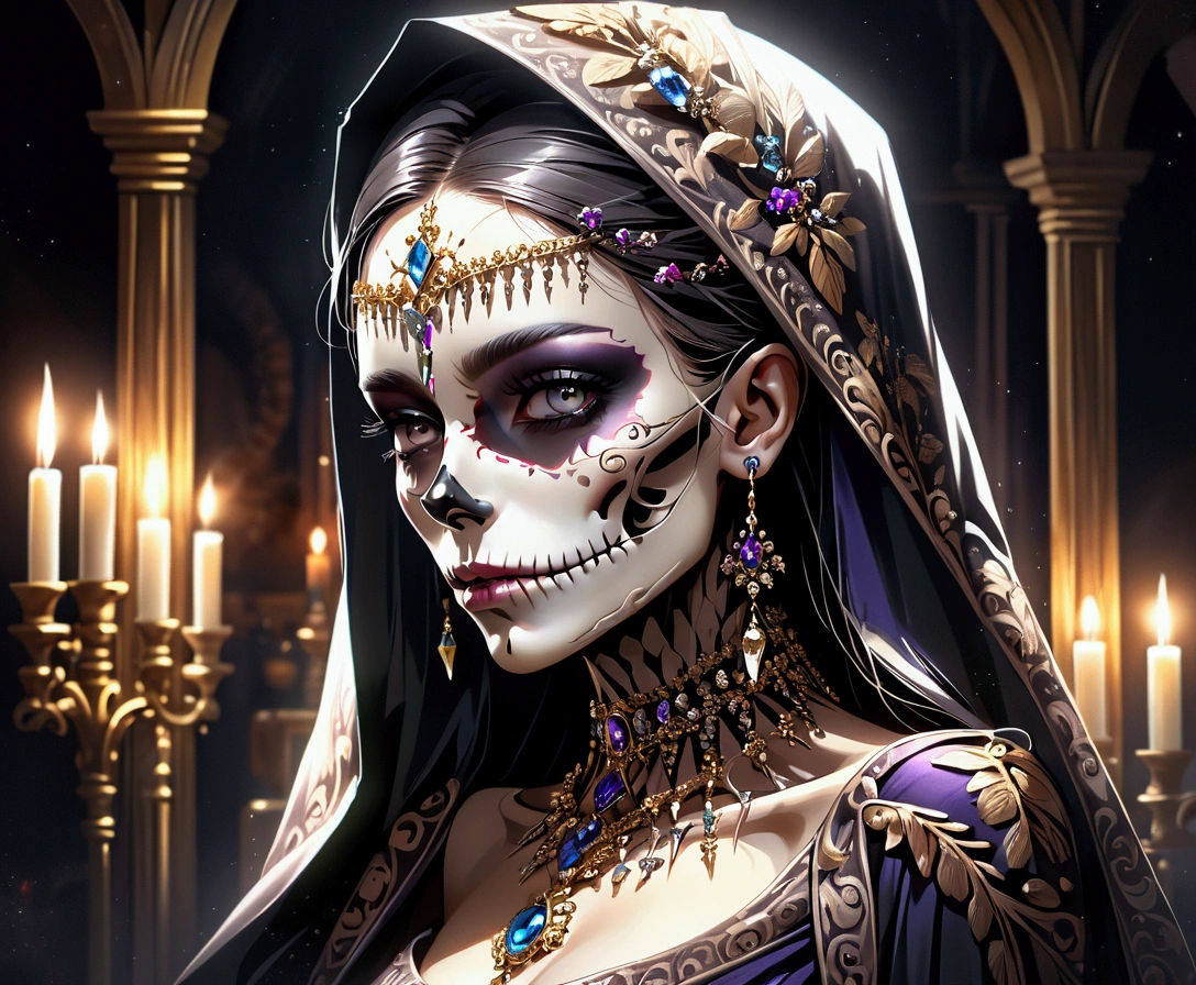 a painting of a woman with long hair and skulls on her head, goddess of death, by loish, beautiful necromancer, by Ryan Yee, by Pedro Pedraja, art contest winner on behance, corpse bride art style, by Juan Villafuerte, loish |, by Eddie Mendoza, by Max Buri, by André Castro