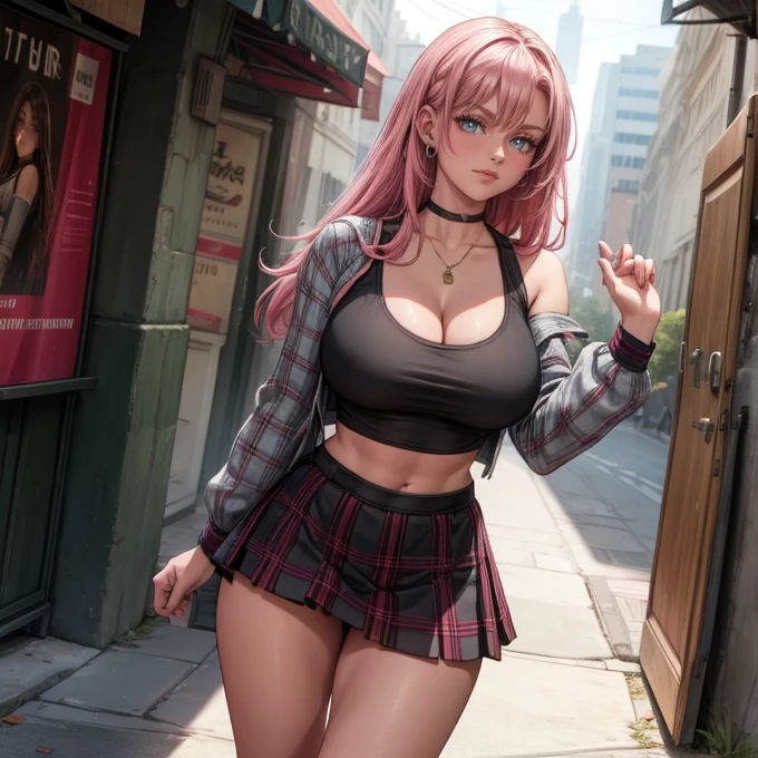 sexy anime girl, cute face, big bust, long red hair pink highlights, purple glowing eyes, choker, black corset top, black denim shorts, black boots, holding shopping bags, mall background, perspective from above