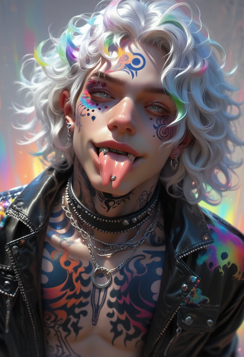  score_9,  score_8_above,  score_7_above, a hyper-realistic and ultra-detailed photo of a beautiful man, ultra-realistic, small forked tongue, tongue piercing, aboveper body,  looking at the spectator,  seductive smile, 1 ,  Gojo Satoru,  white hair, black sale,  black jacket , high neck,  long sleeves, perfect eyes, gray eyes,  th3rm4l, colorful, male haircut, ((tattooed blackout)),