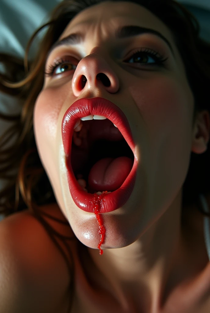 Realistic woman holding ahegao with saliva
