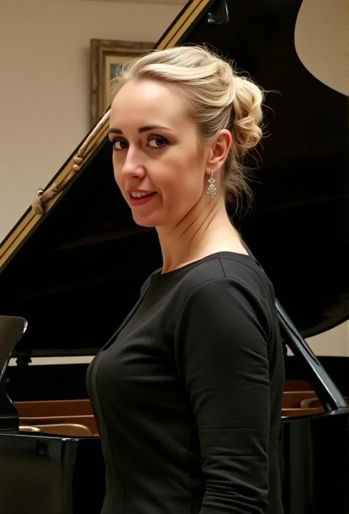 The camera slowly pulls away showing a woman stylish hairstyle in front of a piano in the background