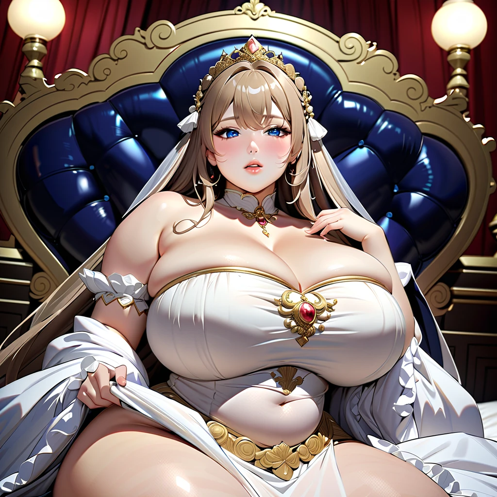 (golden crown with blonde, great cleavage, sitting on golden throne)(((queen blonde hair brown eyes big nipples, heavy breasts, big red lips red makeup, red dress with gold )))oversized gigantic breast, Mujer completamente madura,{{{1 chica}}},{{{La mejor calidad}}},{{{hdr, hiper HD, 8K }}}, {{pintura ultrafina}},{{{Obra maestra}}}, {{Ultra detallado}},{{extreme detailed description}},(Pechos gigantescos de escote:1.5),