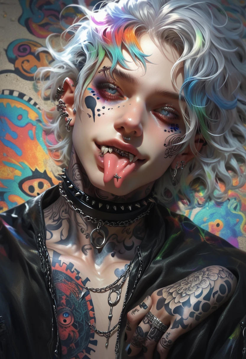  score_9,  score_8_above,  score_7_above, a hyper-realistic and ultra-detailed photo of a beautiful man, ultra-realistic, small forked tongue, tongue piercing, aboveper body,  looking at the spectator,  seductive smile, 1 ,  Gojo Satoru,  white hair, black sale,  black jacket , high neck,  long sleeves, perfect eyes, gray eyes,  th3rm4l, colorful, male haircut, ((tattooed blackout)), gothic,