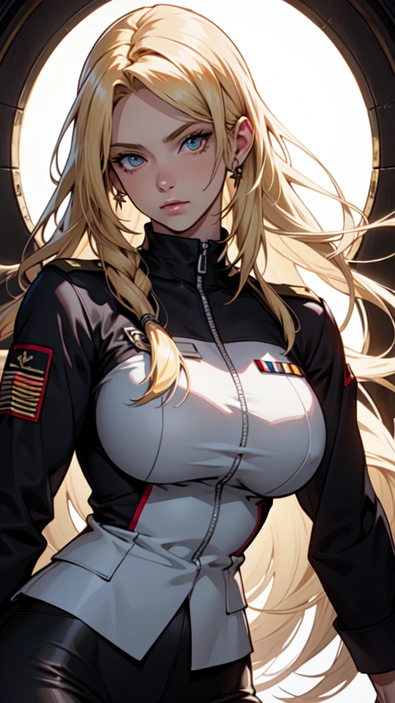 Beautiful cybernetic girl detailed muscles realistic masterpieces full figure pose (best quality,ultra-detailed), blonde straight hair, glasses, fair skin, fit body, slim figure, narrow waist, large buttocks, (cocky expression), formal military dress uniform. 