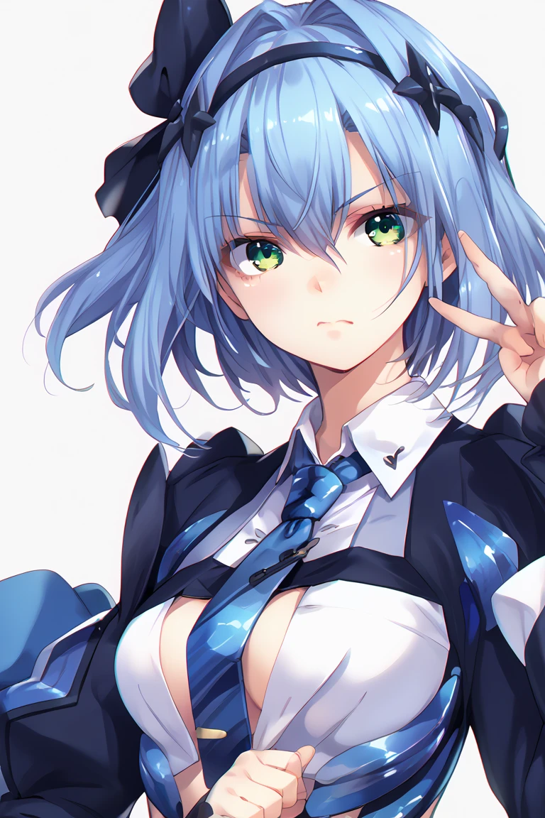 ,1 girl,blows,black bow,black headband ,black Love, winked blue hair,bow, Closed mouth , eyebrows visible through the hair, green eyes,hair between eyes,hair bow,hair Love,diadema,Konpaku Youmu,looking at viewer, medium breasts,tie,puffed sleeves,Love,shirt, short hair,business,Alone,, V-shaped eyebrows