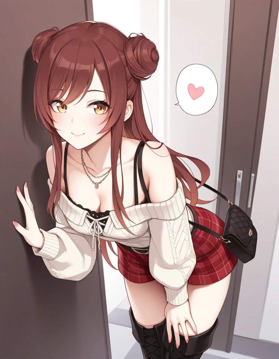 1girl,osaki amana,idolmaster shiny colors, bare shoulders, boots, breasts, brown hair, cleavage, collarbone, double bun, hair bun, handbag, heart, jewelry, leaning forward, long hair, long sleeves, medium breasts, nail polish, necklace, official alternate costume, official alternate hairstyle, plaid clothes, plaid shorts, shorts, smile, speech bubble, spoken heart, swept bangs, thigh boots, yellow eyes ,asutora,nanahara fuyuki,ruo zhishi chu jian,yueko \(jiayue wu\),colis,masterpiece, best quality, amazing quality, very aesthetic, absurdres,newest,huge filesize,