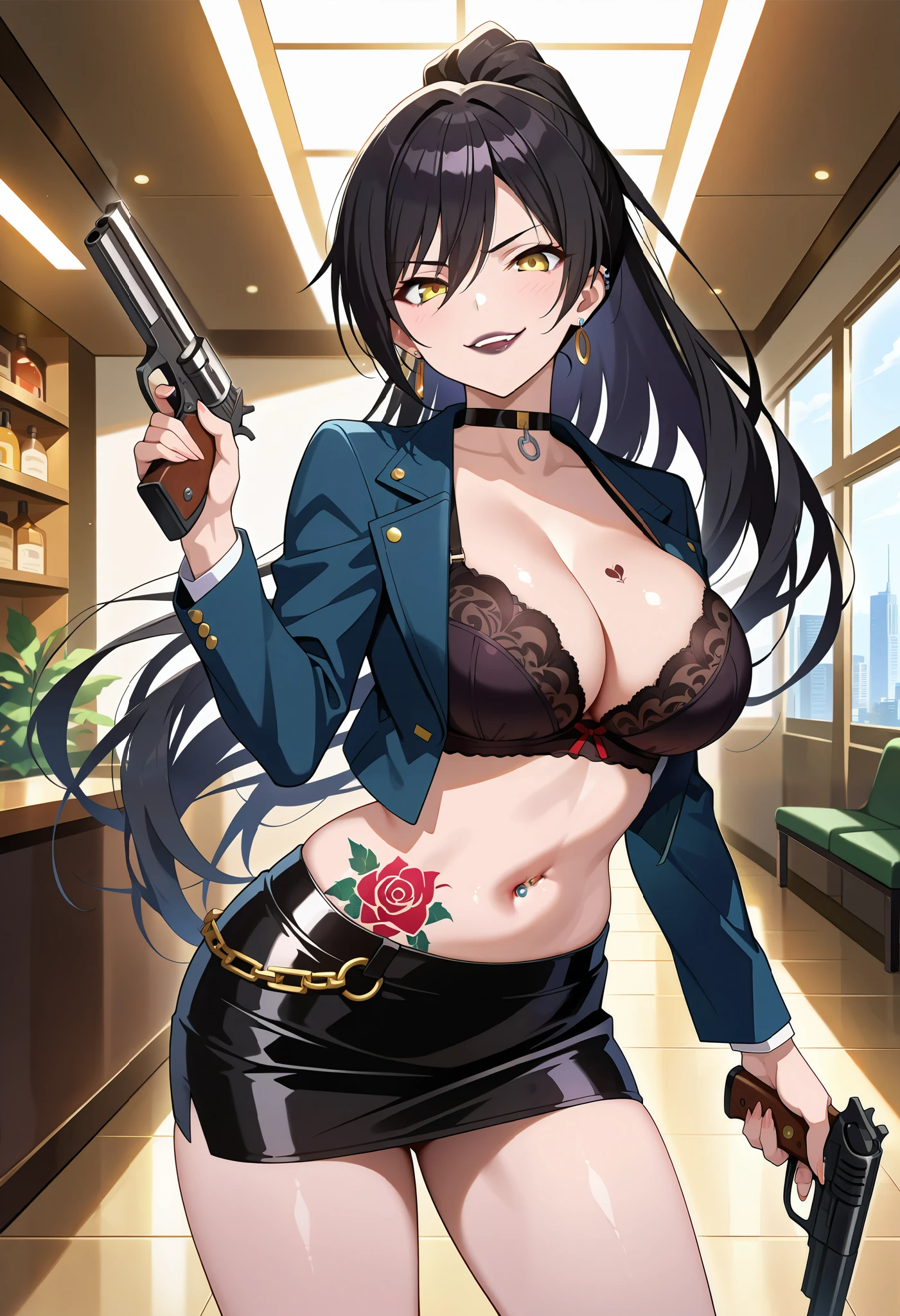 sakuyashirase, sakuya shirase, black hair, hair between eyes, long hair,  (yellow eyes:1.5),
long hair, blush, lipstick, Hot girl, baddie, staring, glaring, bad attitude, mean girl, dare, angry, hate, crazy, smoking, sensual, attractive, masterpiece, best quality, ((unbuttoned , cleavage, necklace, earrings, sexy body,
breasts)) , micro skirt, smiling, navel , exposed belly, exposed navel,(nsfw) not safe for work,school,knot,
classroom , holding a gun, hold a gun,holding pistol