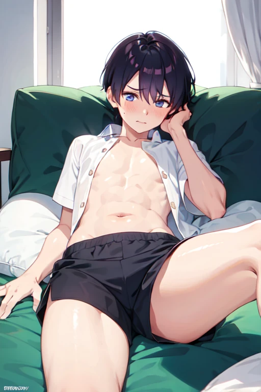 １４age　 one boy　 in underwear　 shorts　 lies down　Anxious expression　Open shirt