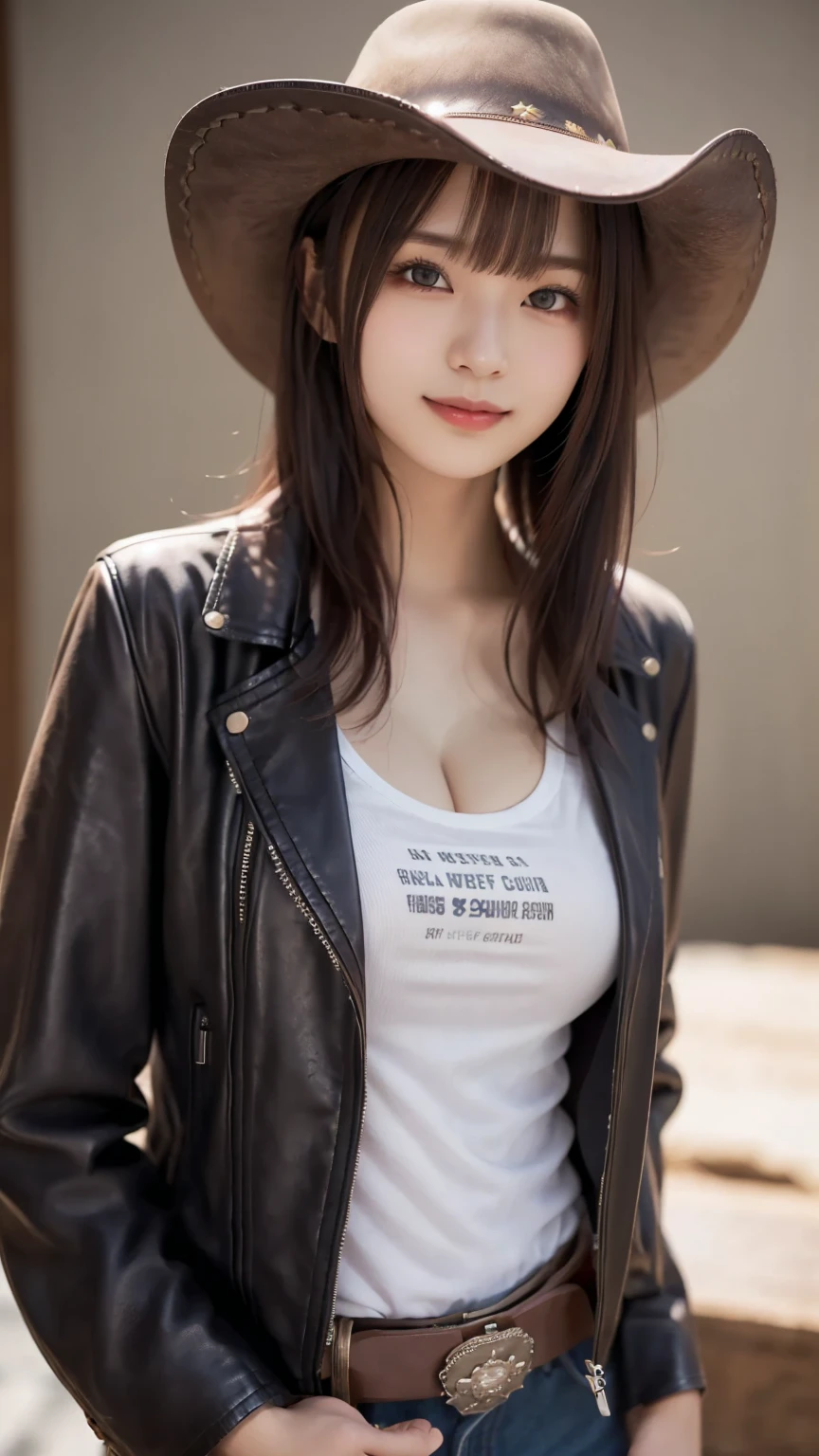 ( cowboy clothes from westerns : 1.5), (cowgirl : 1.5), (Pointed hat : 1.5), (T-shirts and leather jackets  : 1.5), (upper body : 1.5), ( holding an assault rifle : 1.4), bangs, smile, ((white indoor)), ( 18 year old female : 1. 2), young and adorable Japanese face, Official Art, high definition CG Unity 8k wallpaper,Ultra high definition ,Very detailed, half photos with Brazil, high definition , Kodak Portrait 400, film grain , lens flare glow, best quality,8k, as a portrait shot,8k, Show viewer , ((masterpiece)), (( best quality)), ( super detailed), smile, (( sexy)), (( Very detailedな)), (detailed clothing features), (beautiful), Illustration, beautiful Japanese woman, ((1 female)), (Bold Cleavage : 1.3)