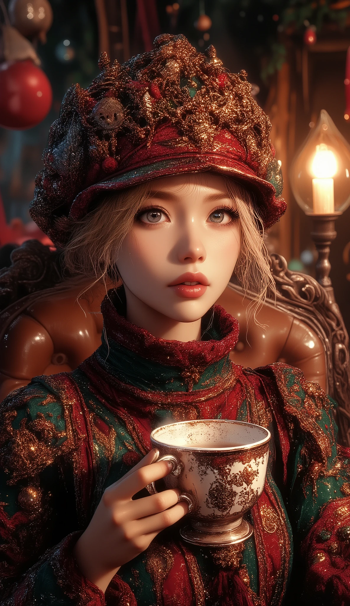 A beautiful woman with beautiful eyes:1.2, detailed eyes, beautiful full lips, highly detailed eyes and faces, long eyelashes, cute expression, smile, sitting:1.4, holding a cup of hot latte, homely background, Christmas sweater, fireplace, warm light, detailed lighting and shadows, anime style, 8k, Hi-Res, masterpiece:1.4, bright colors,