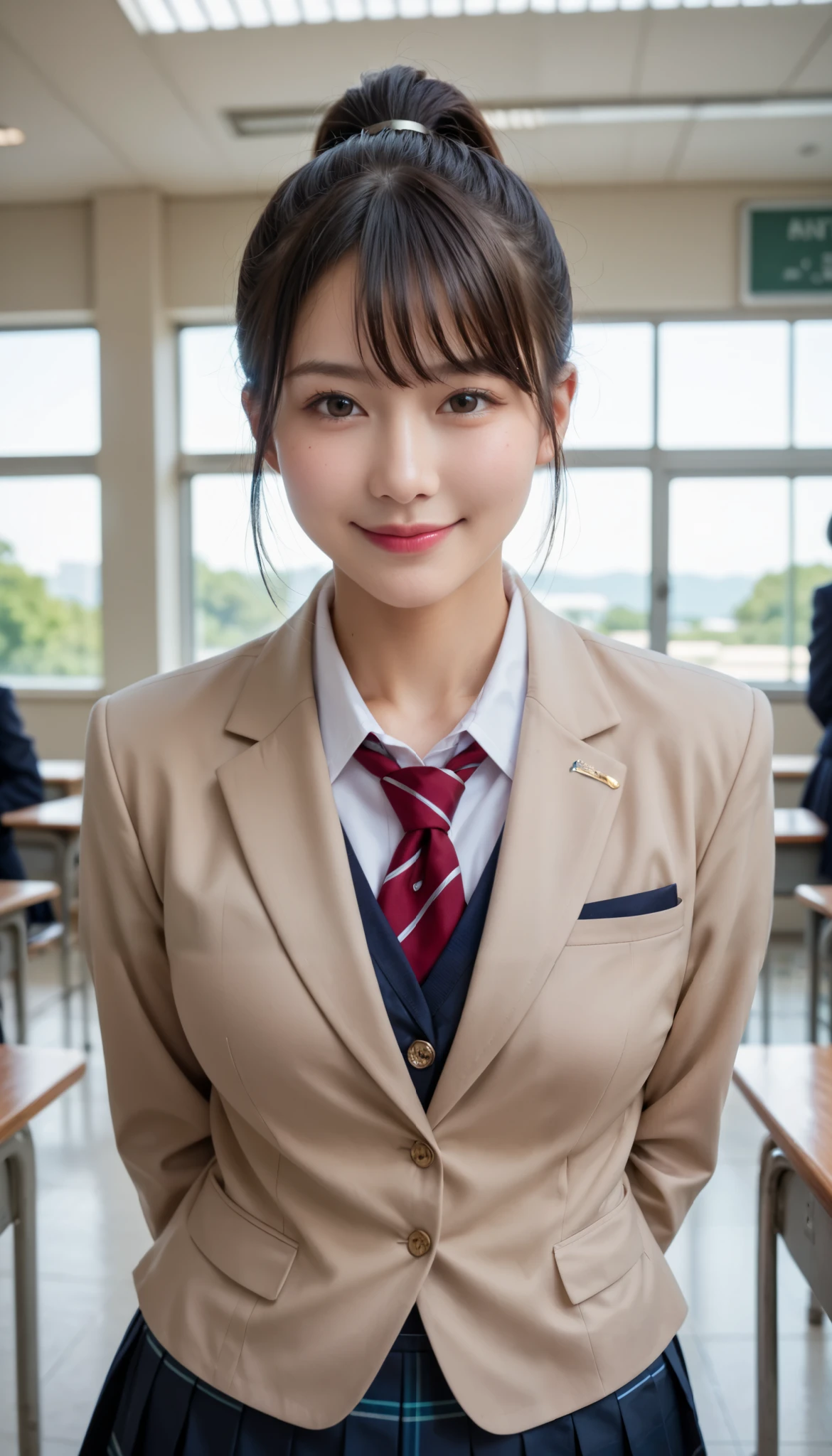 score_9,score_8_up,score_7_up,ultra detailed,absolutely resolution, detailed beautiful face and eyes,hyper realistic,beautiful girl,Black hair,ponytail,realistic tan skin,embarrassed Smile,school uniform,blazer,pleats skirt,natural huge breast,leaning forward,arms behind back,from pov,looking at viewer,school