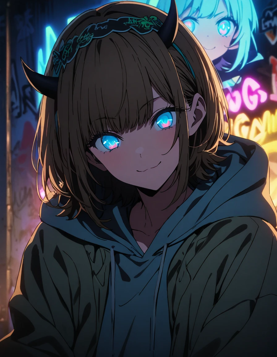 masterpiece,  top quality, 8k, Detailed Background , masterpiece,  top quality, smile,  ornament,  hoodie, Portraiture,  neon blue, graffiti, dark, night, Shining Eyes,  black light ,MEMcho,Horned headband