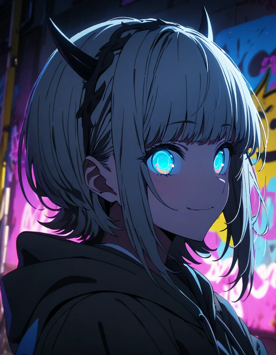 masterpiece,  top quality, 8k, Detailed Background , masterpiece,  top quality, smile,  ornament,  hoodie, Portraiture,  neon blue, graffiti, dark, night, Shining Eyes,  black light ,MEMcho,Horned headband