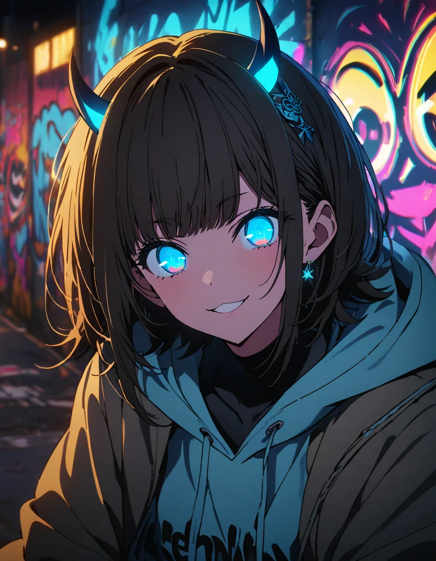 masterpiece,  top quality, 8k, Detailed Background , masterpiece,  top quality, smile,  ornament,  hoodie, Portraiture,  neon blue, graffiti, dark, night, Shining Eyes,  black light ,MEMcho,Horned headband