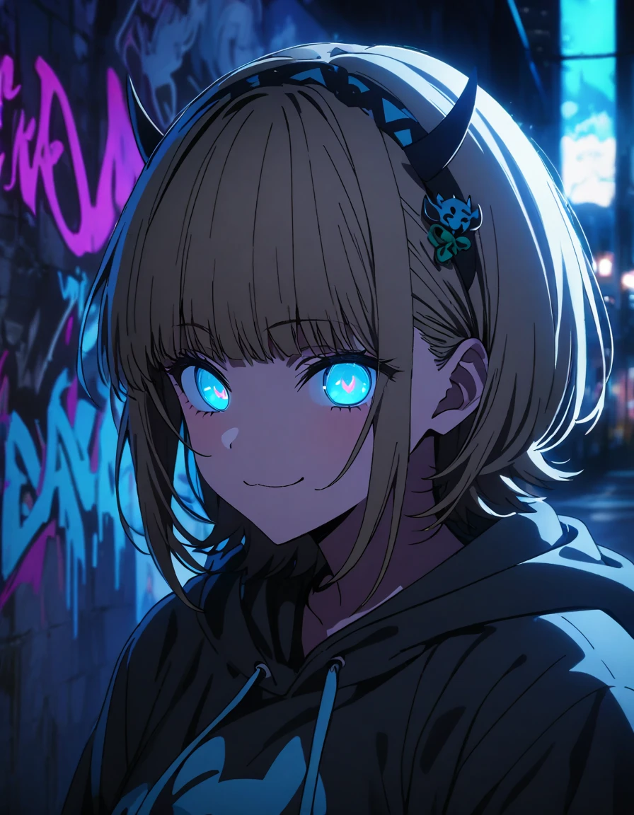 masterpiece,  top quality, 8k, Detailed Background , masterpiece,  top quality, smile,  ornament,  hoodie, Portraiture,  neon blue, graffiti, dark, night, Shining Eyes,  black light ,MEMcho,Horned headband