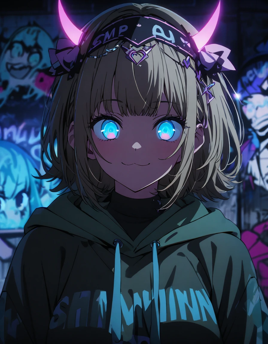 masterpiece,  top quality, 8k, Detailed Background , masterpiece,  top quality, smile,  ornament,  hoodie, Portraiture,  neon blue, graffiti, dark, night, Shining Eyes,  black light ,MEMcho,Horned headband