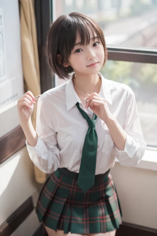 1 girl、 Blushing cheeks、shyly smile、White open shirt sticking to the chest、Tartan with a green base color skirt、florals、hair pin、a necklace、piercings、Leaning forward、from below looking up、depth of fields、pointed red mouth、Glossy dark green shorthair、Black eyes、innocent-looking face、white porcelain skin、clavicle、Beautiful fingers、Hourglass body、 Thin Thighs 、portrait of a full body、in the classroom、window、Hurry up and loosen your tie、Staring at the viewer while removing his tie、Photos with a sense of transparency