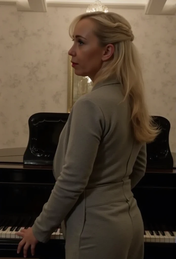 The camera slowly pulls away showing a woman stylish hairstyle in front of a piano in the background