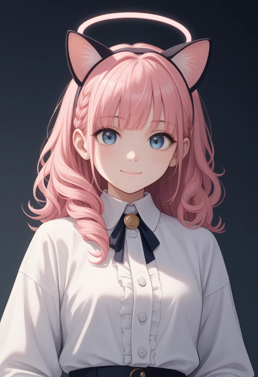 fake  animal ears, light smile,  redness on Koma's anatomically correct , taken, pink hair, fringe,  curly hair, side braid, halo, killed,  animal ears,  cat ears ,  surrealism,  cast shadow , Anáglifo, Stereogram, tachi-e, throw,  atmospheric perspective , 8k,  super detail , Necessary,  best quality 